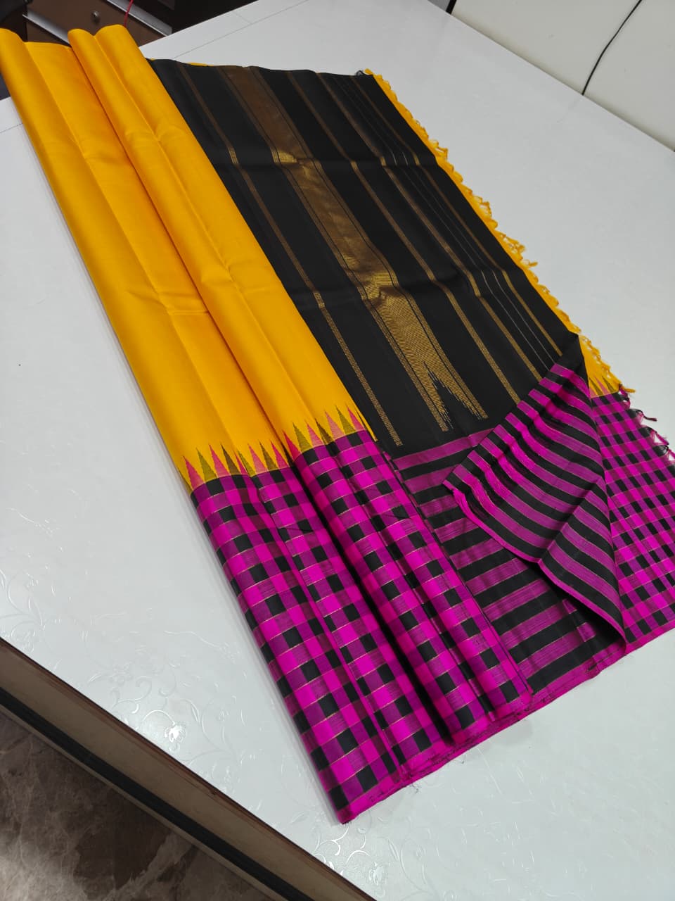 Yellow & Black Border Checked Silk Saree